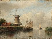 Andreas Schelfhout Dutch boats moored on a river beside a windmill France oil painting artist